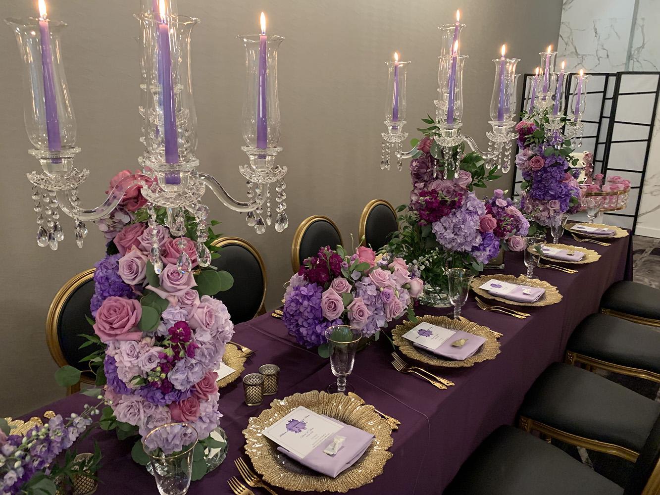 pink purple wedding decor with black and gold chairs, intimate wedding, gold chargers, cake table, centerpieces, 51fifteen