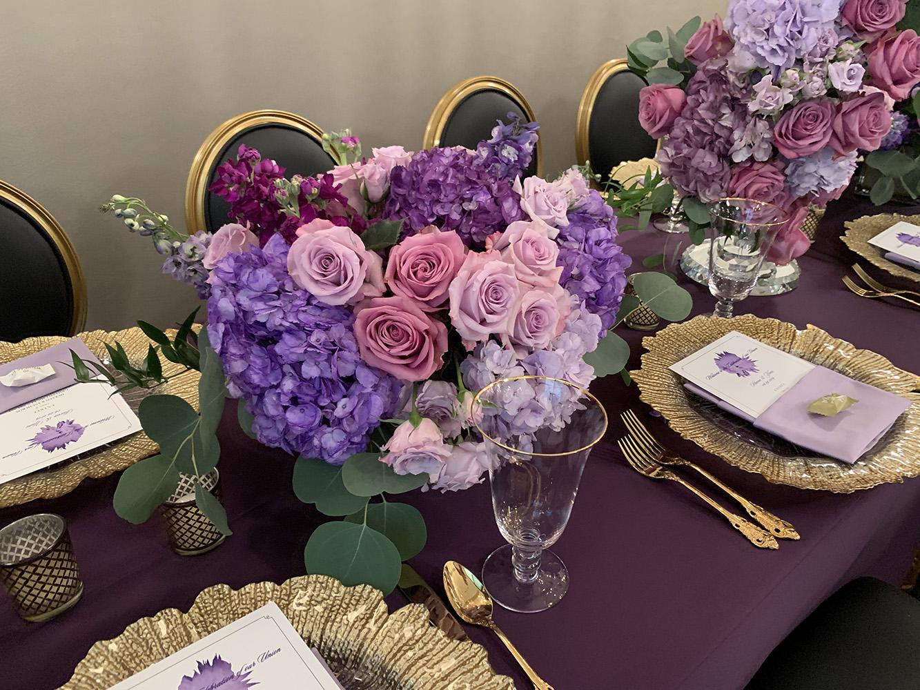 pink purple wedding decor with black and gold chairs, intimate wedding, gold chargers, cake table, centerpieces, 51fifteen