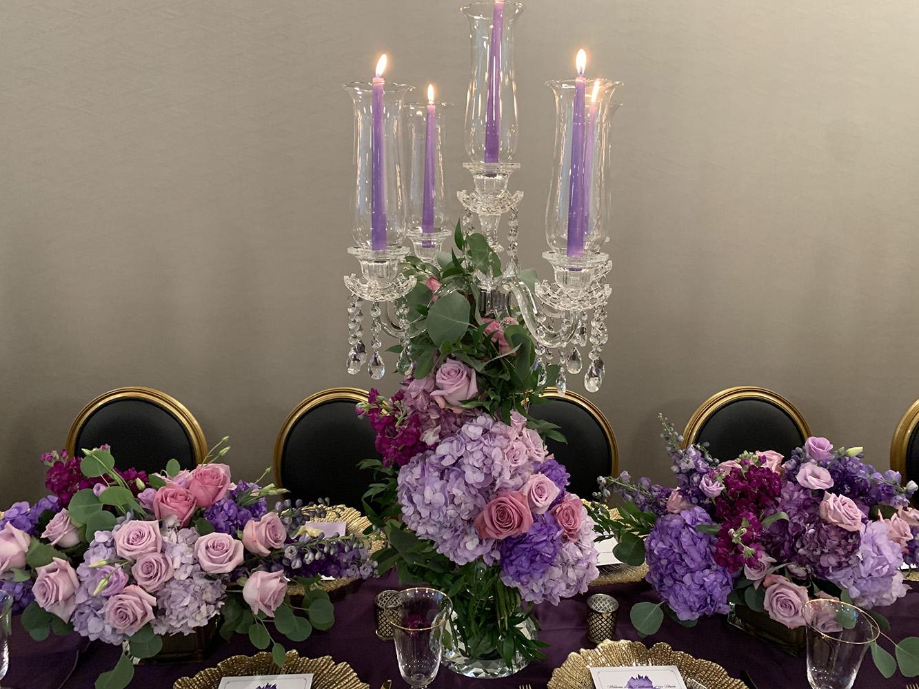 pink purple wedding decor with black and gold chairs, intimate wedding, gold chargers, cake table, centerpieces, 51fifteen