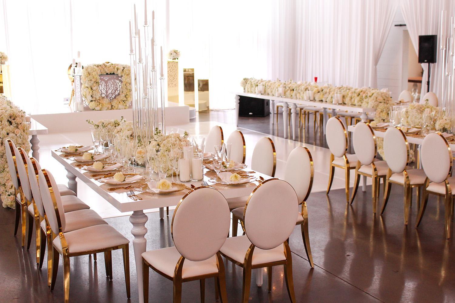 wedding reception decor - white gold chairs - rectangle tables