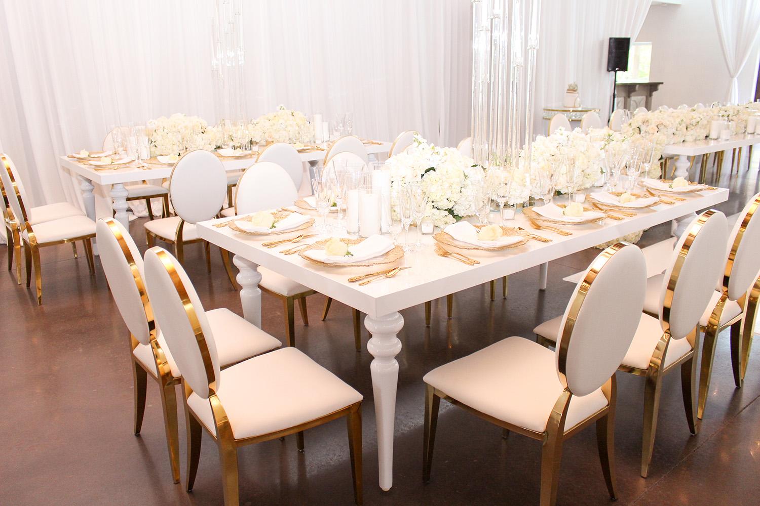wedding reception decor - white gold chairs - rectangle tables