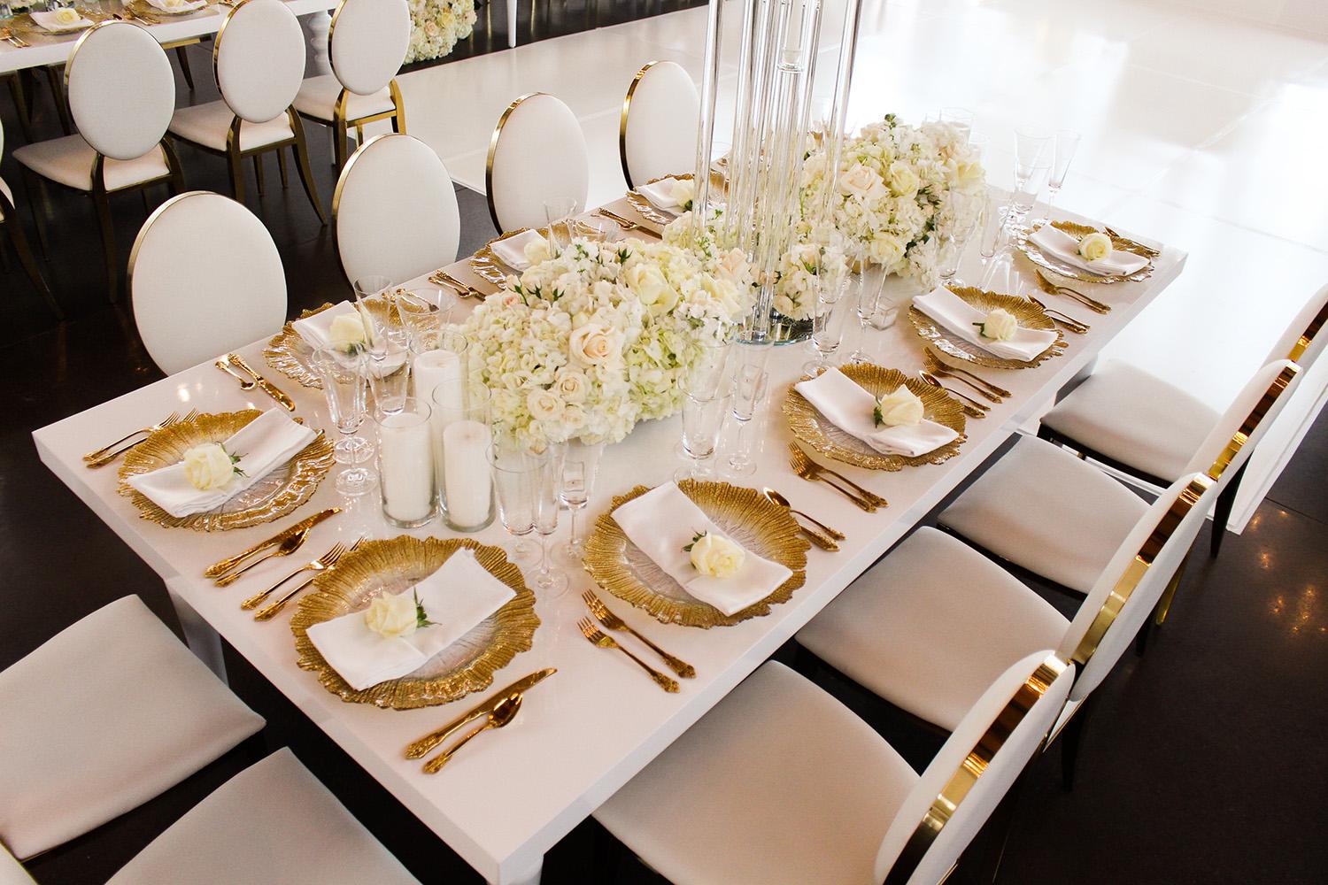 wedding reception decor - white gold chairs - rectangle tables