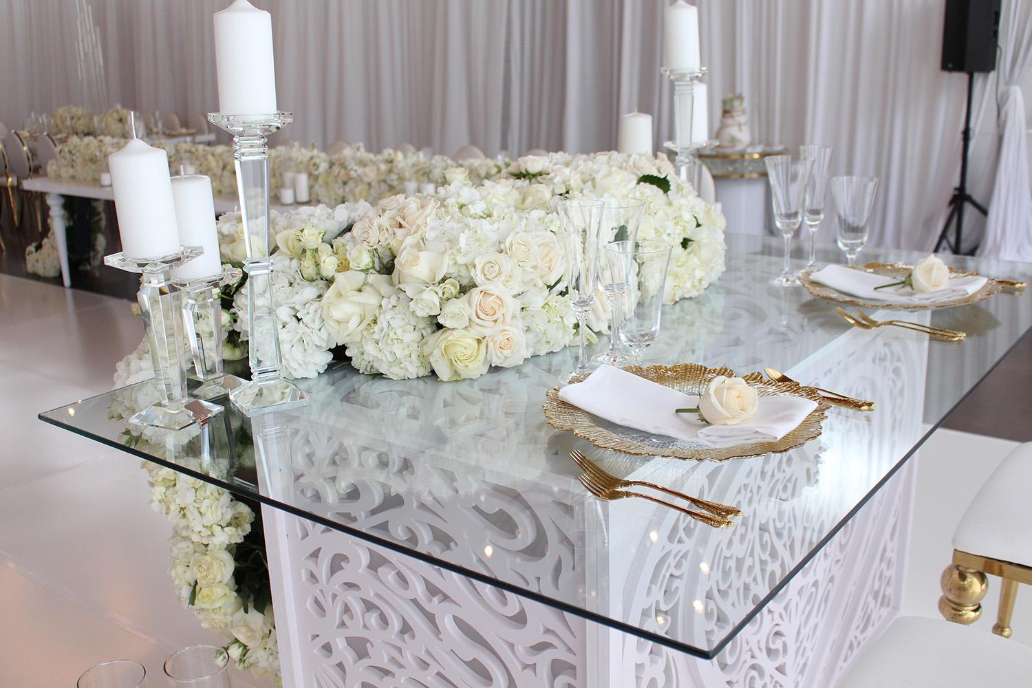wedding reception decor - white gold chairs - rectangle tables