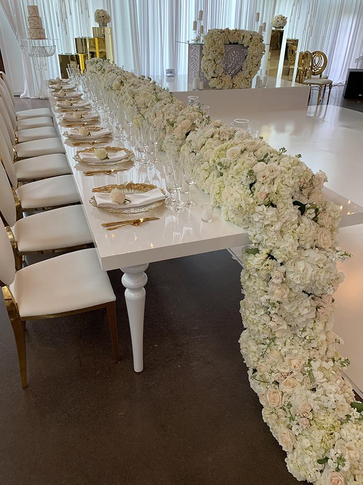 wedding reception decor - white gold chairs - rectangle tables