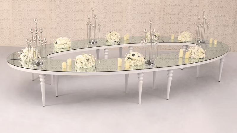Large White Oval Dining Table - White Bubble Legs and Frame with Mirror Top