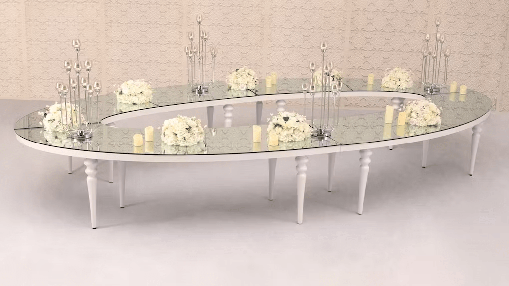 Large White Oval Dining Table - White Bubble Legs and Frame with Mirror Top
