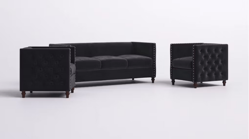Black Lounge Sofa with Tufted Design, Sofa and 2 Chairs