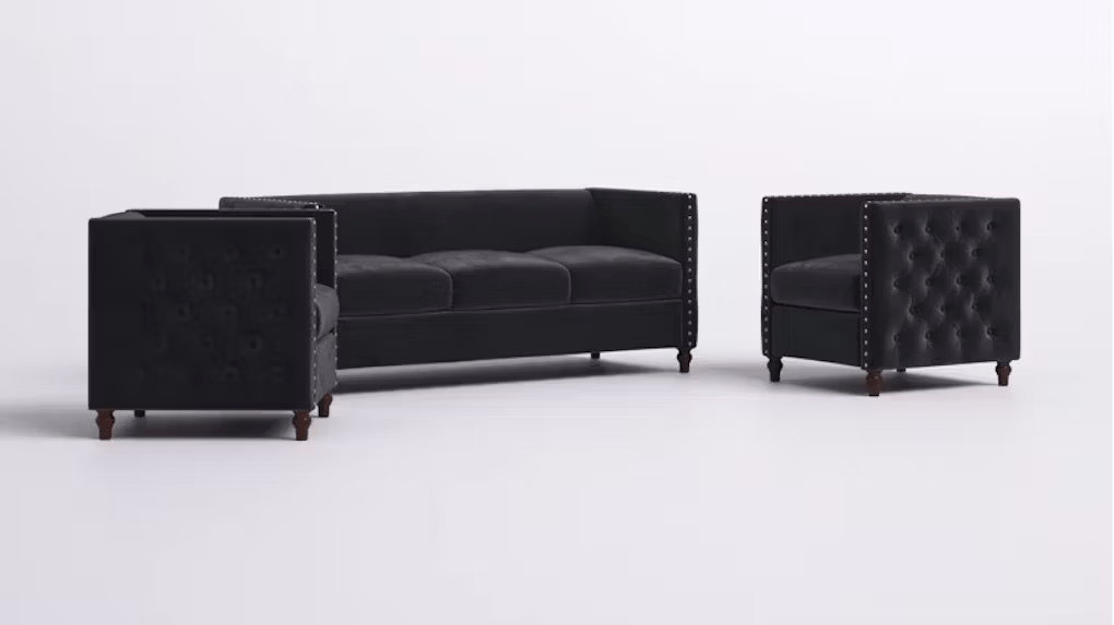 Black Lounge Sofa with Tufted Design, Sofa and 2 Chairs