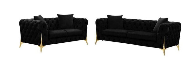 Black Velvet Lounge Sofa Set with Gold Accent, 3-seater, 2-seater, and 1 chair