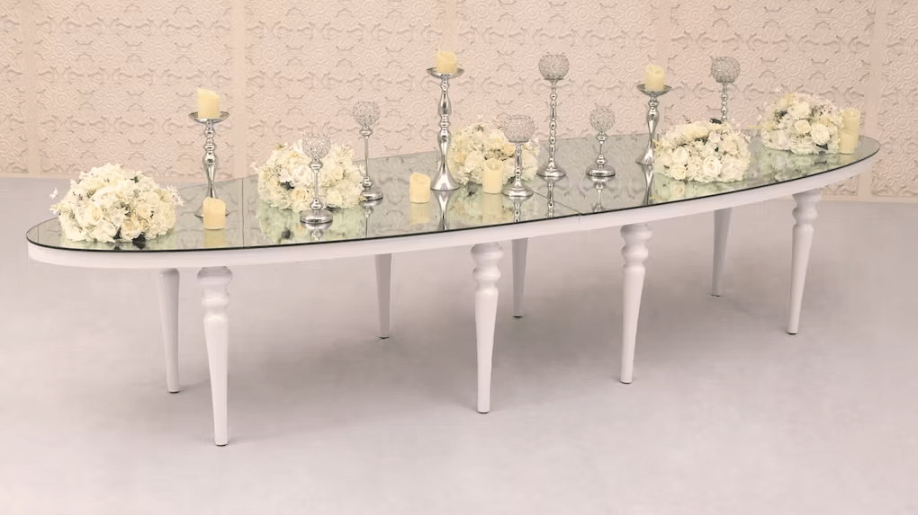 White Oval Dining Table - White Bubble Legs and Frame with Mirror Top