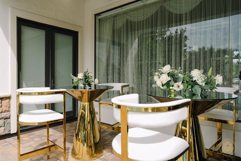 wedding cocktail hour decor - gold and white lounge furniture - gold cocktail table