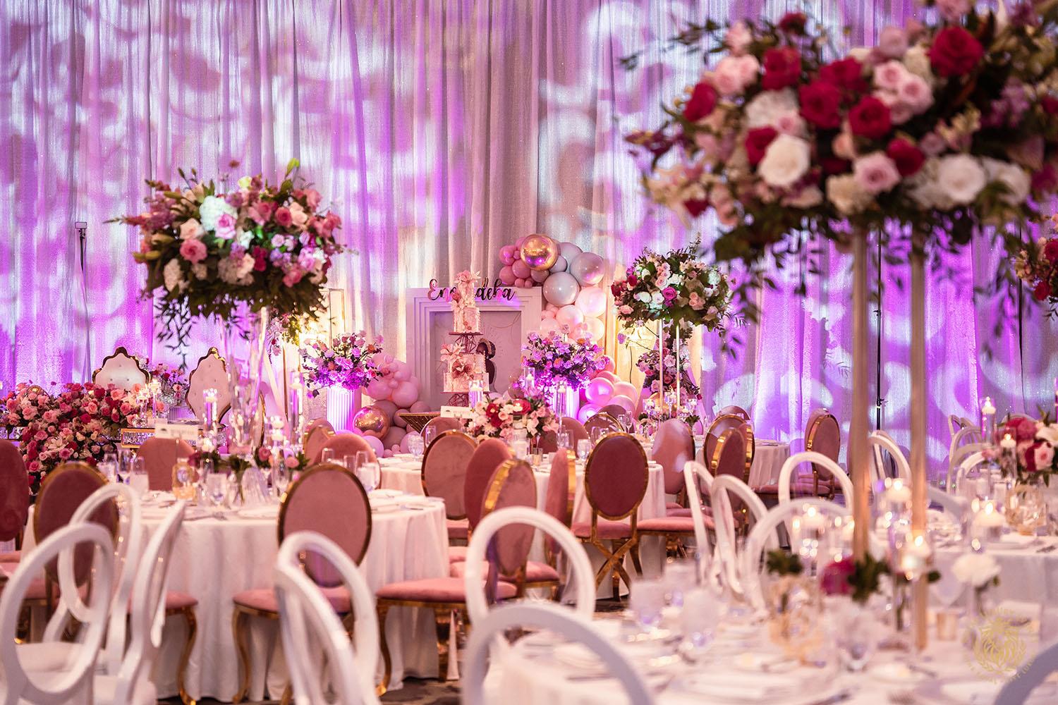 white chair rentals - pink and gold chair rentals - pink floral centerpieces