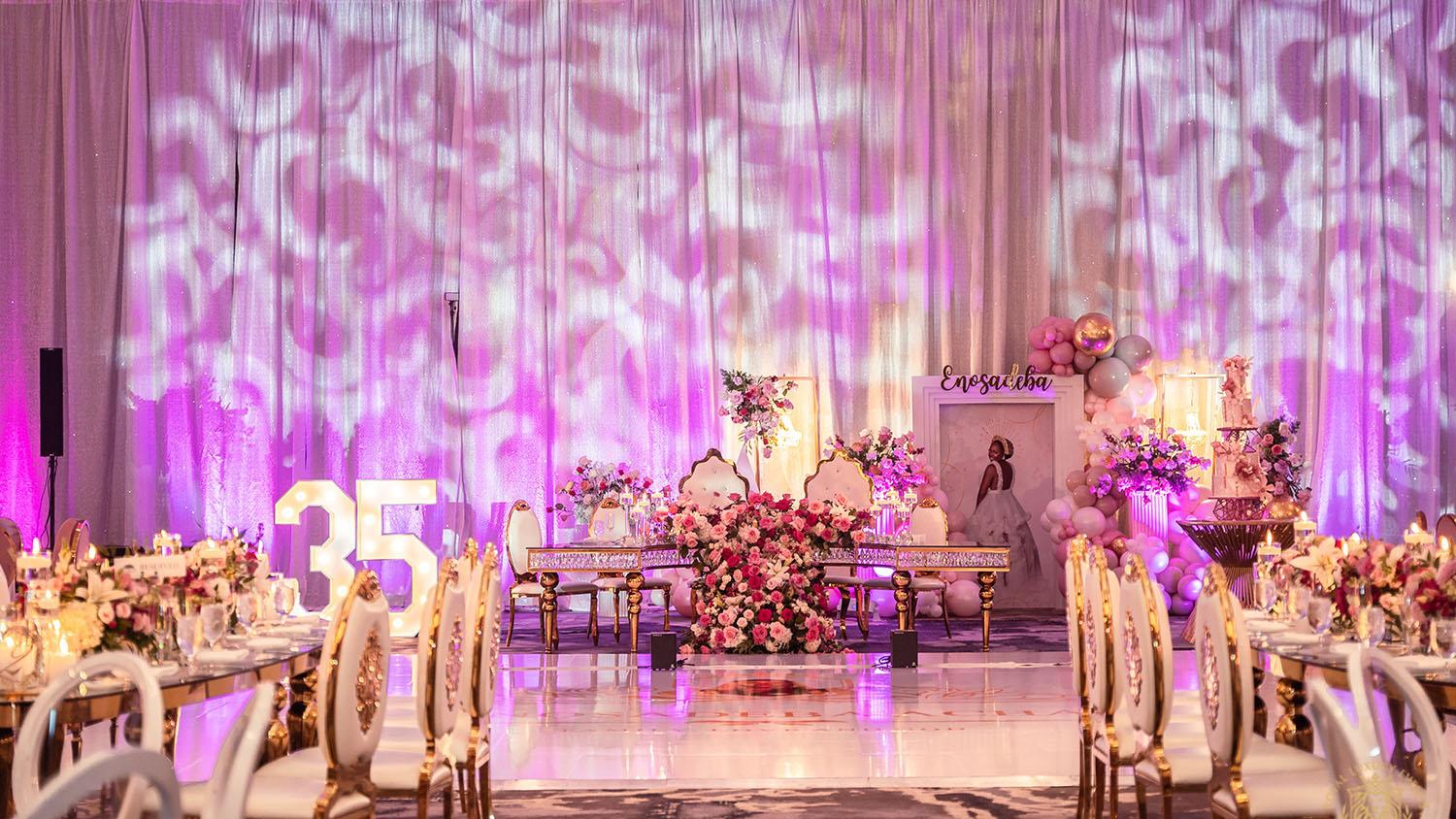 backdrop draping - sweetheart table - white and gold chair rentals