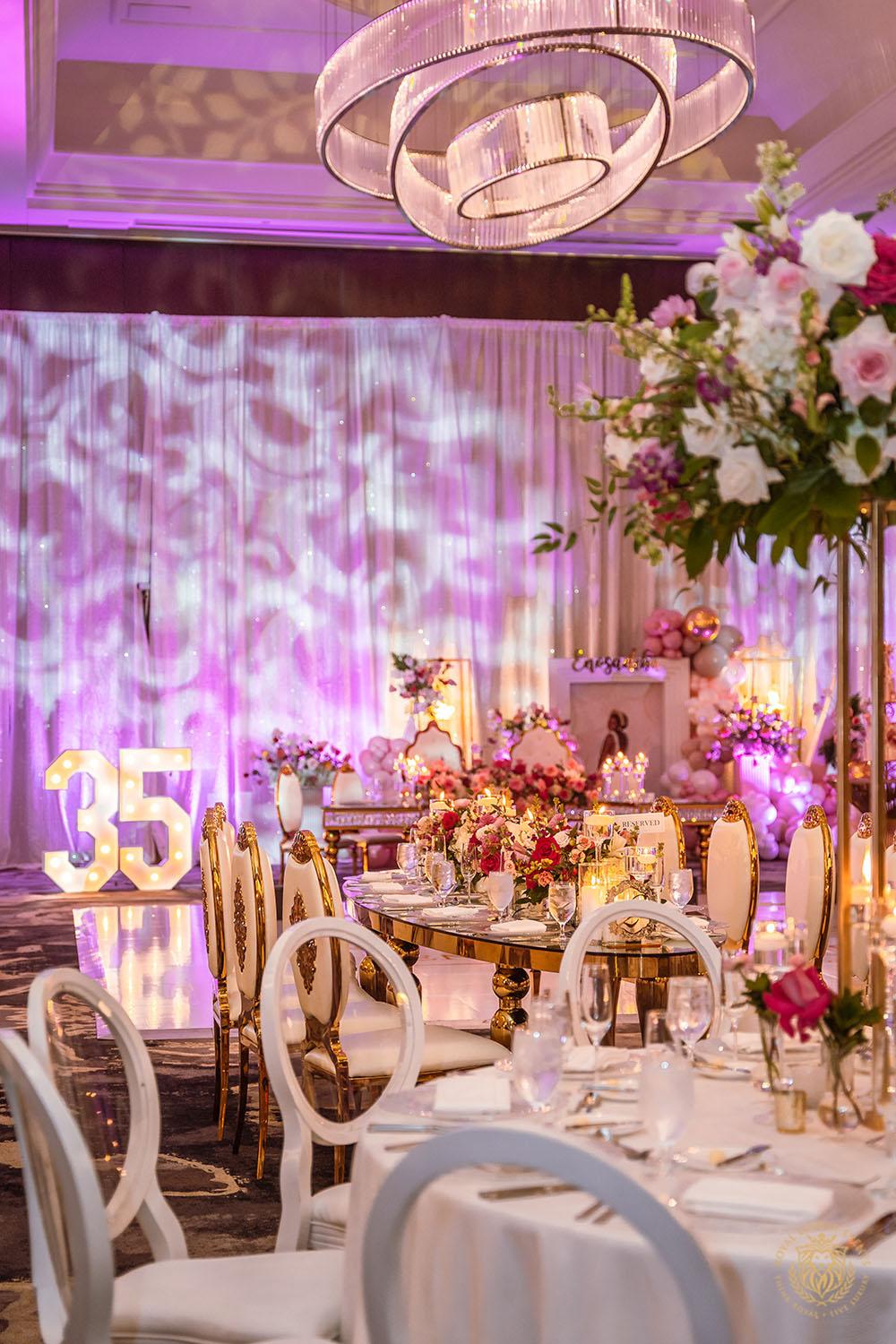 white chair rentals - birthday decor - long gold oval table rental - white and gold chair rentals