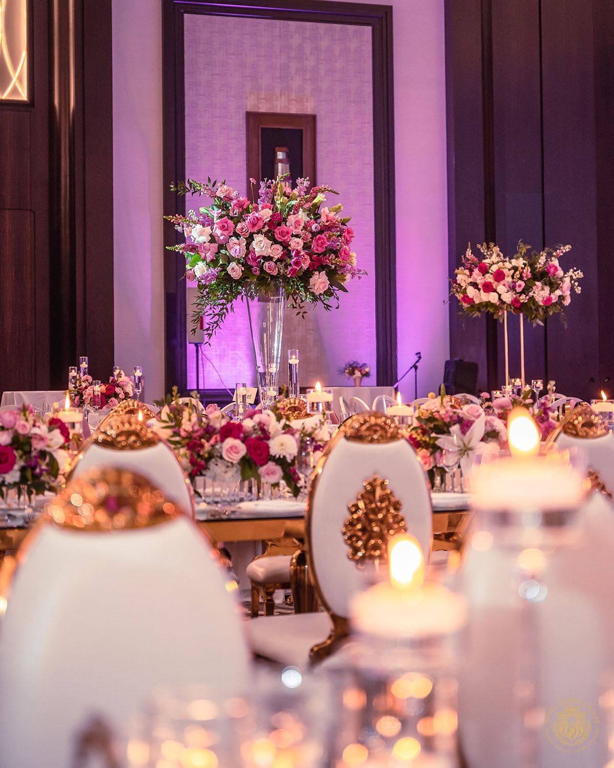 tall pink floral centerpieces - gold and white chair rentals - florist in houston, texas