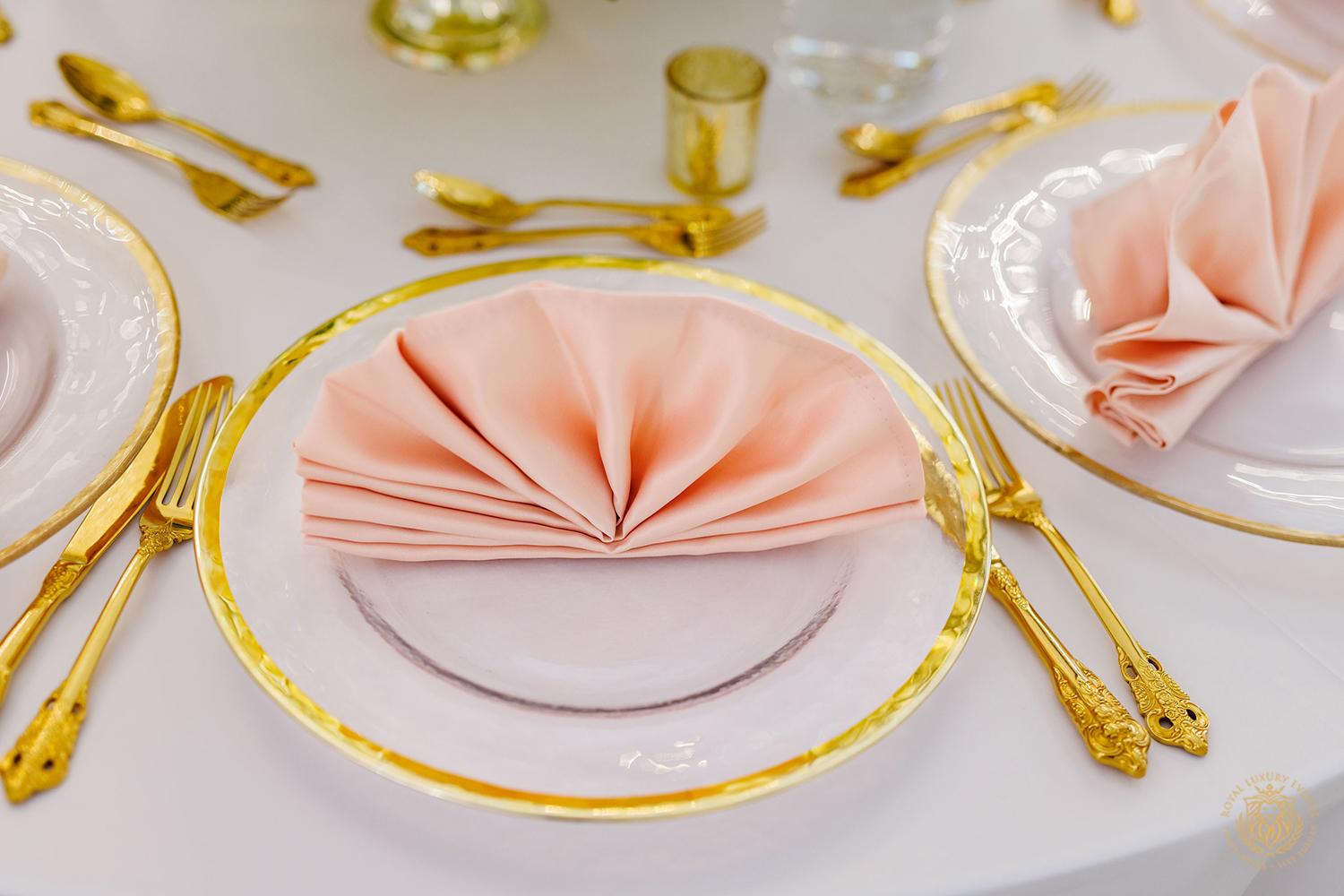 gold and white charger - gold flatware - blush linens