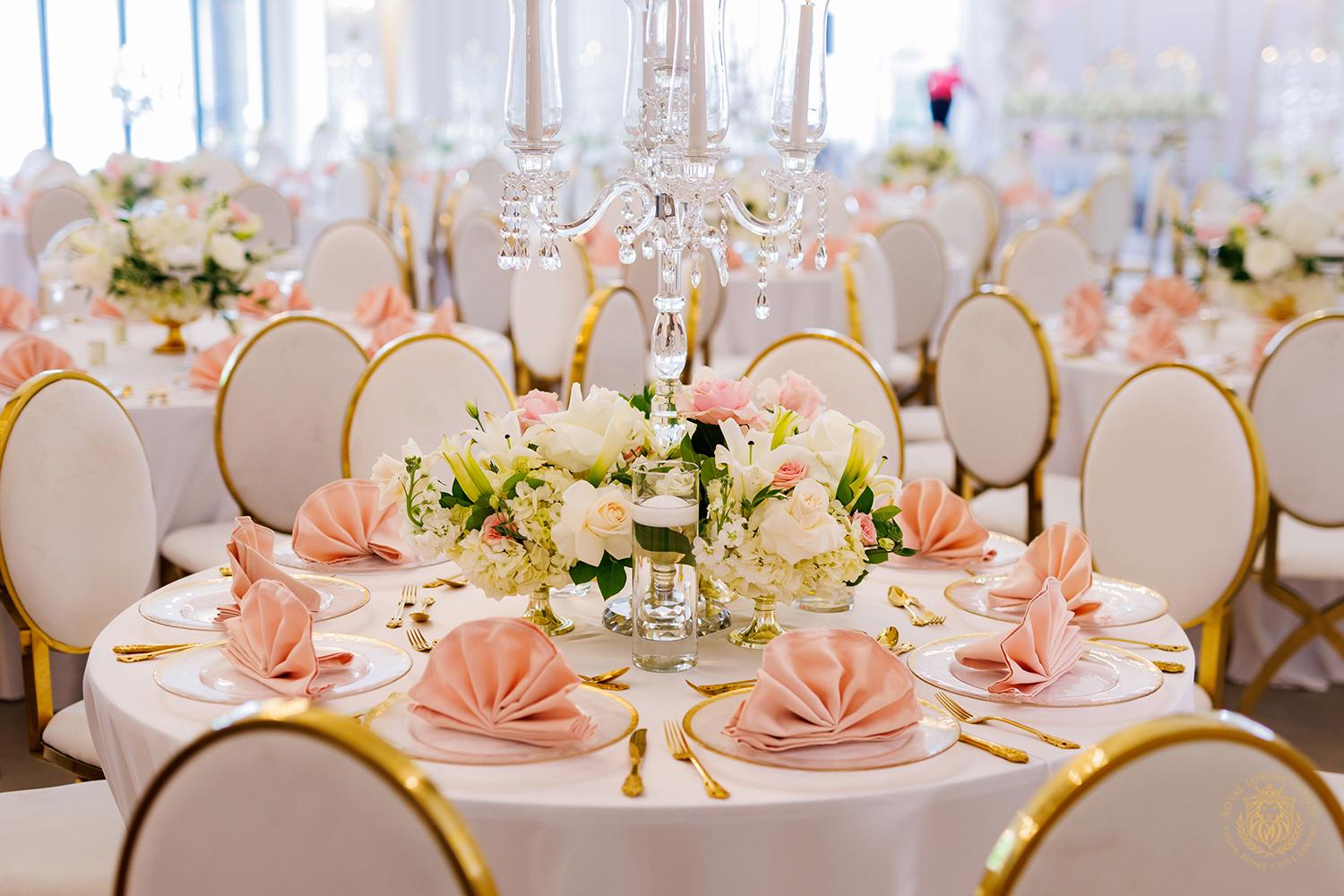 wedding table decor - candelabra - gold and white charger - gold flatware - blush linens