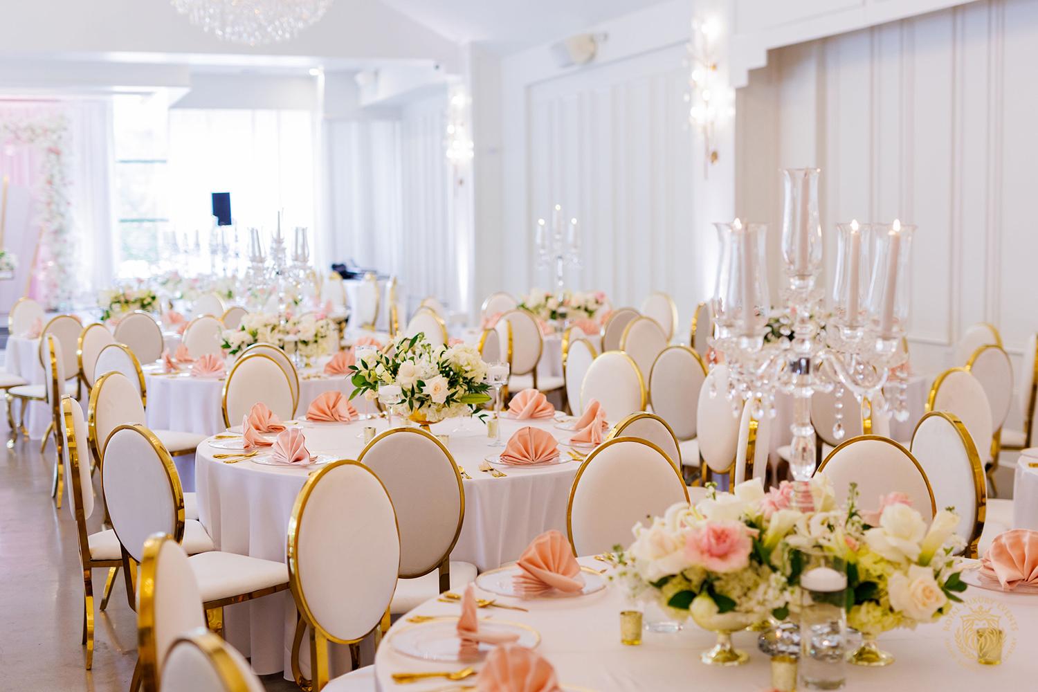 wedding table decor - candelabra - gold and white charger - gold flatware - blush linens