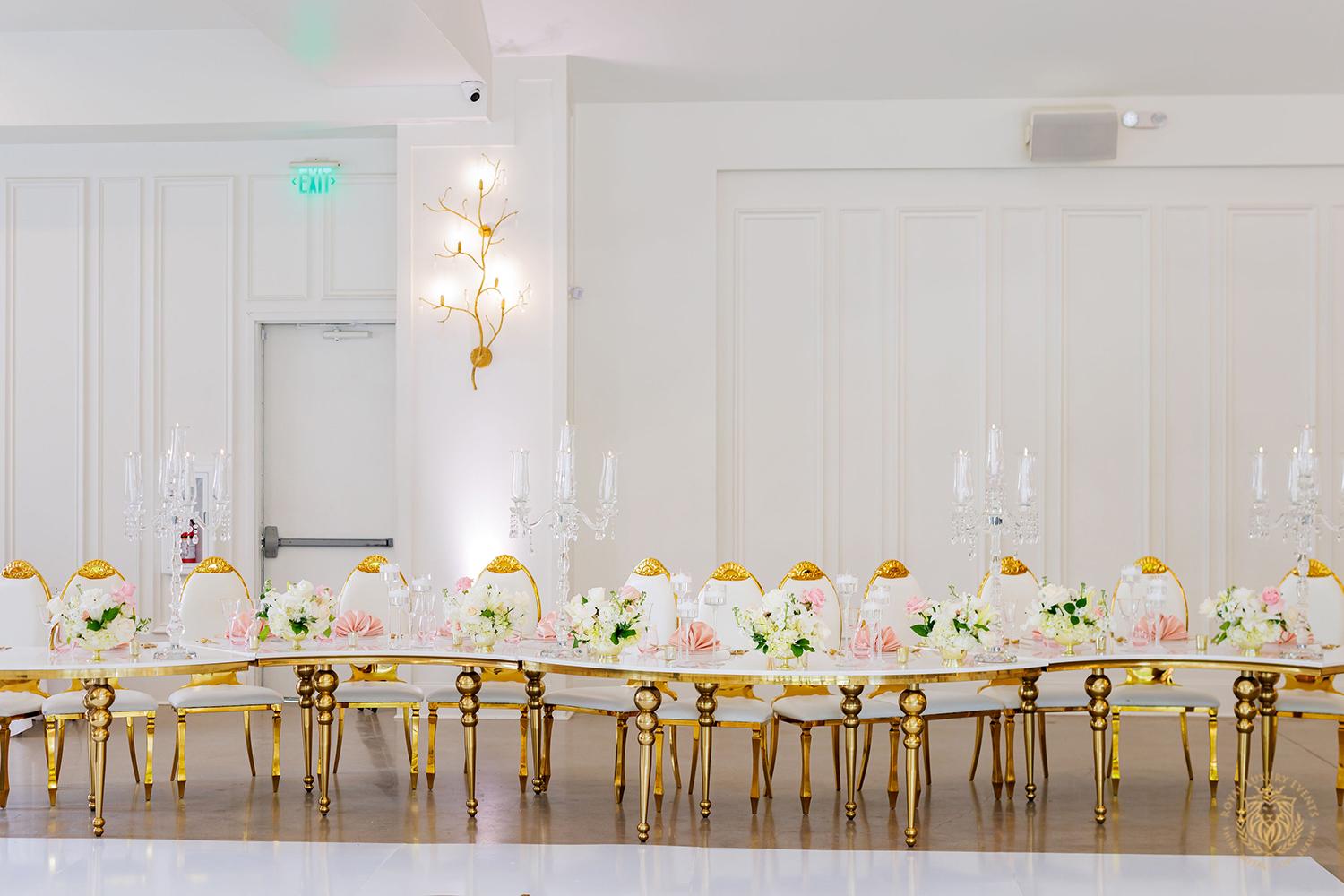 white and gold serpentine table rental - wedding reception table layout