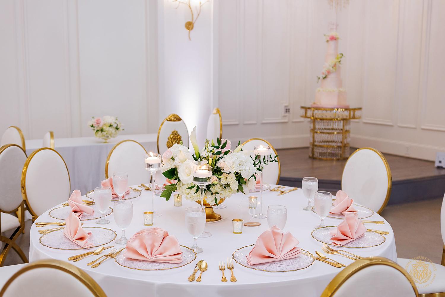 wedding table decor - candelabra - gold and white charger - gold flatware - blush linens