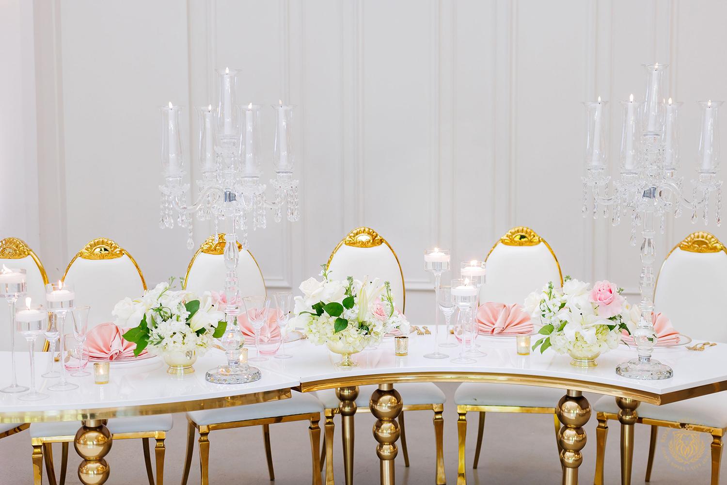 gold serpentine table rental - wedding reception table layout