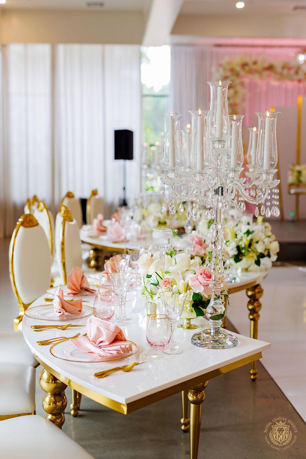 wedding table decor - candelabra - gold and white charger - gold flatware - blush linens
