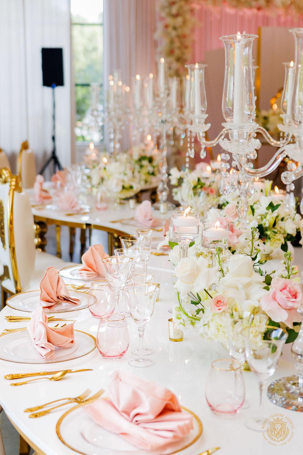 wedding table decor - candelabra - gold and white charger - gold flatware - blush linens