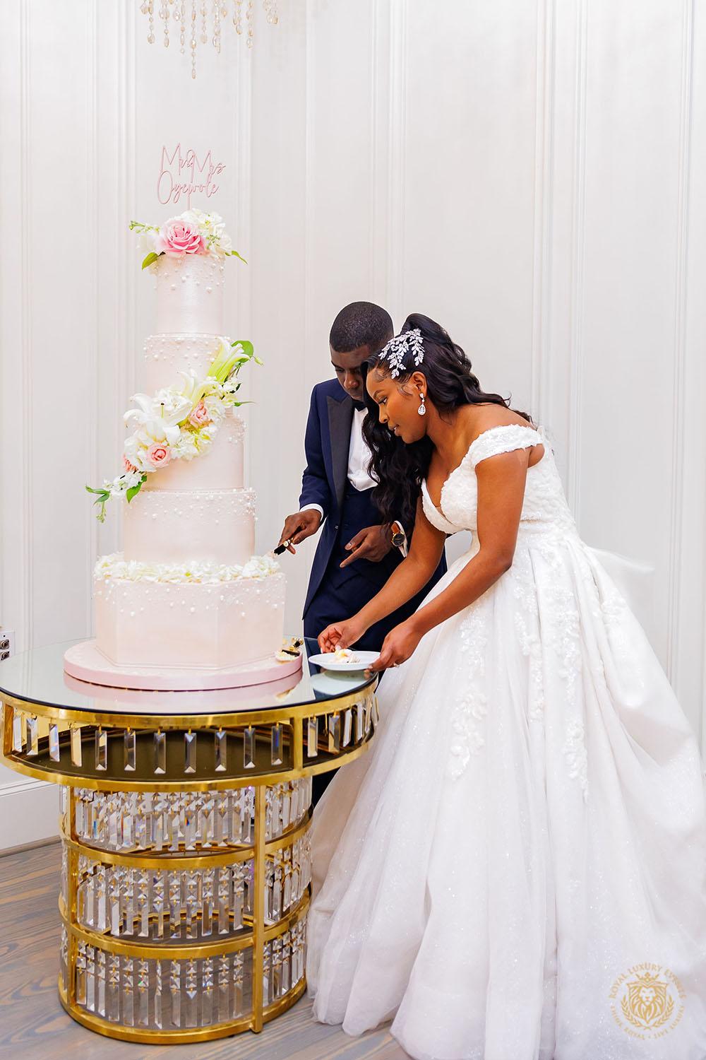 wedding cake table - gold crystal circle table rental - romantic wedding reception - houston wedding designer - blush wedding decor - luxury wedding