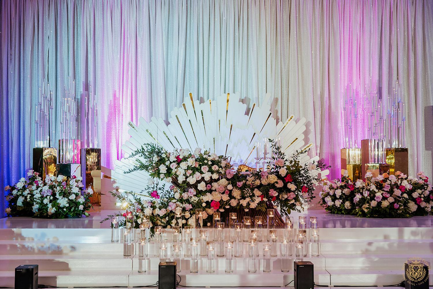 sweetheart table - gold table rental - wedding stage - event background draping