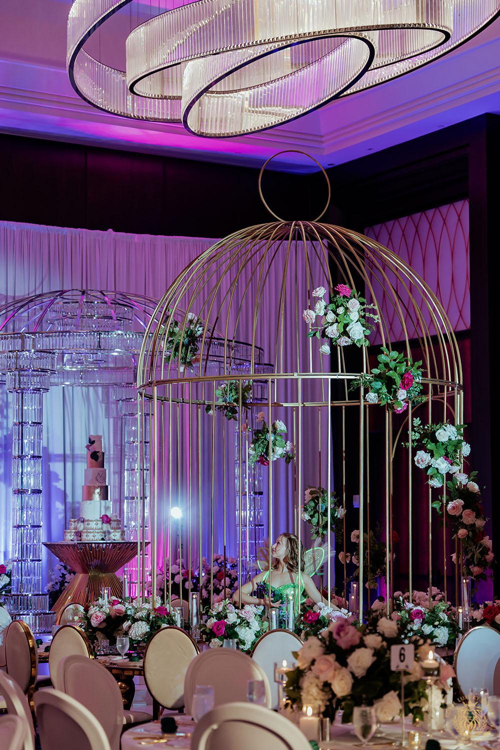 unique large wedding reception table centerpiece - white and gold chair rentals - wedding performers