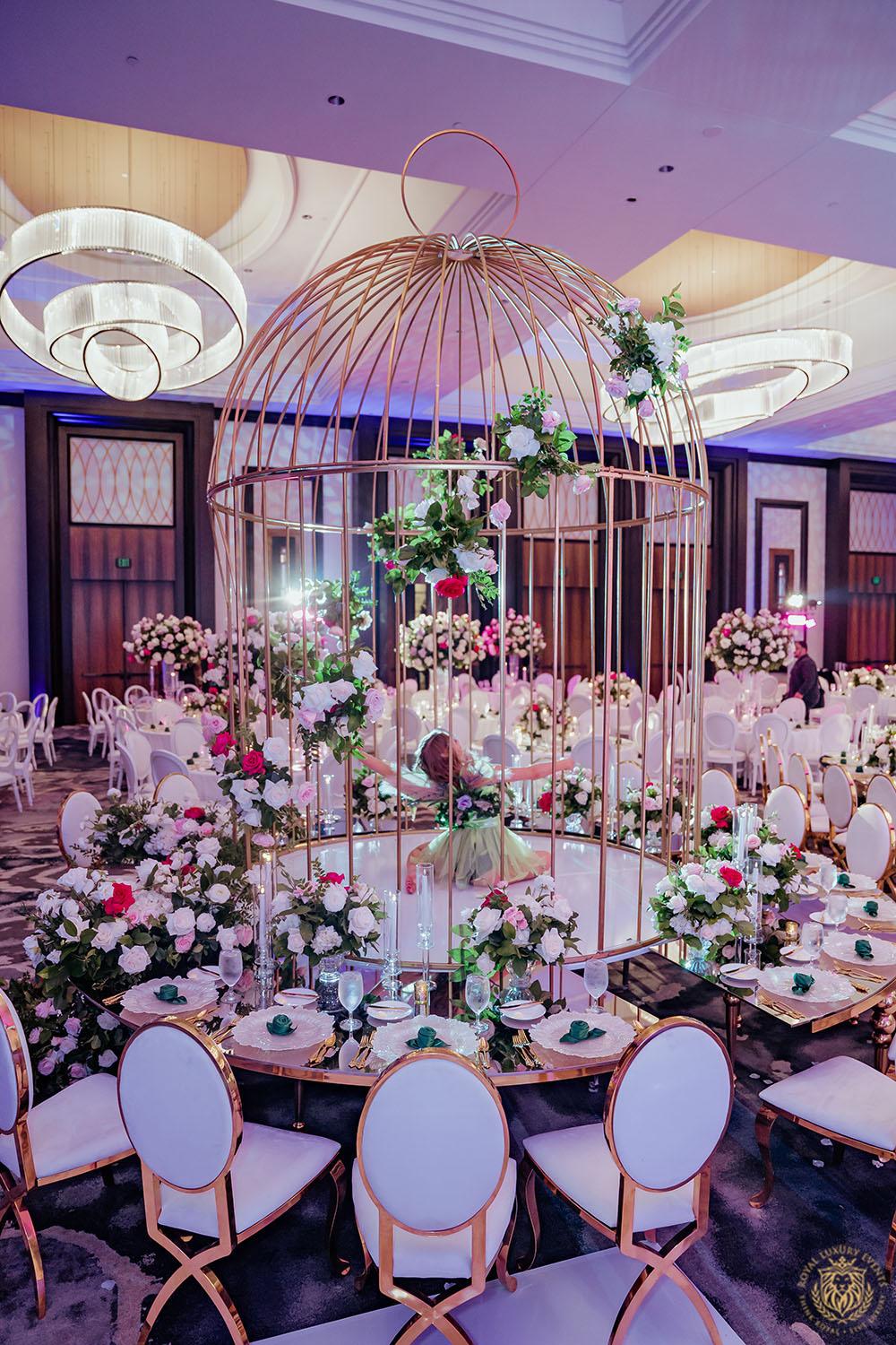 unique large wedding reception table centerpiece - white and gold chair rentals