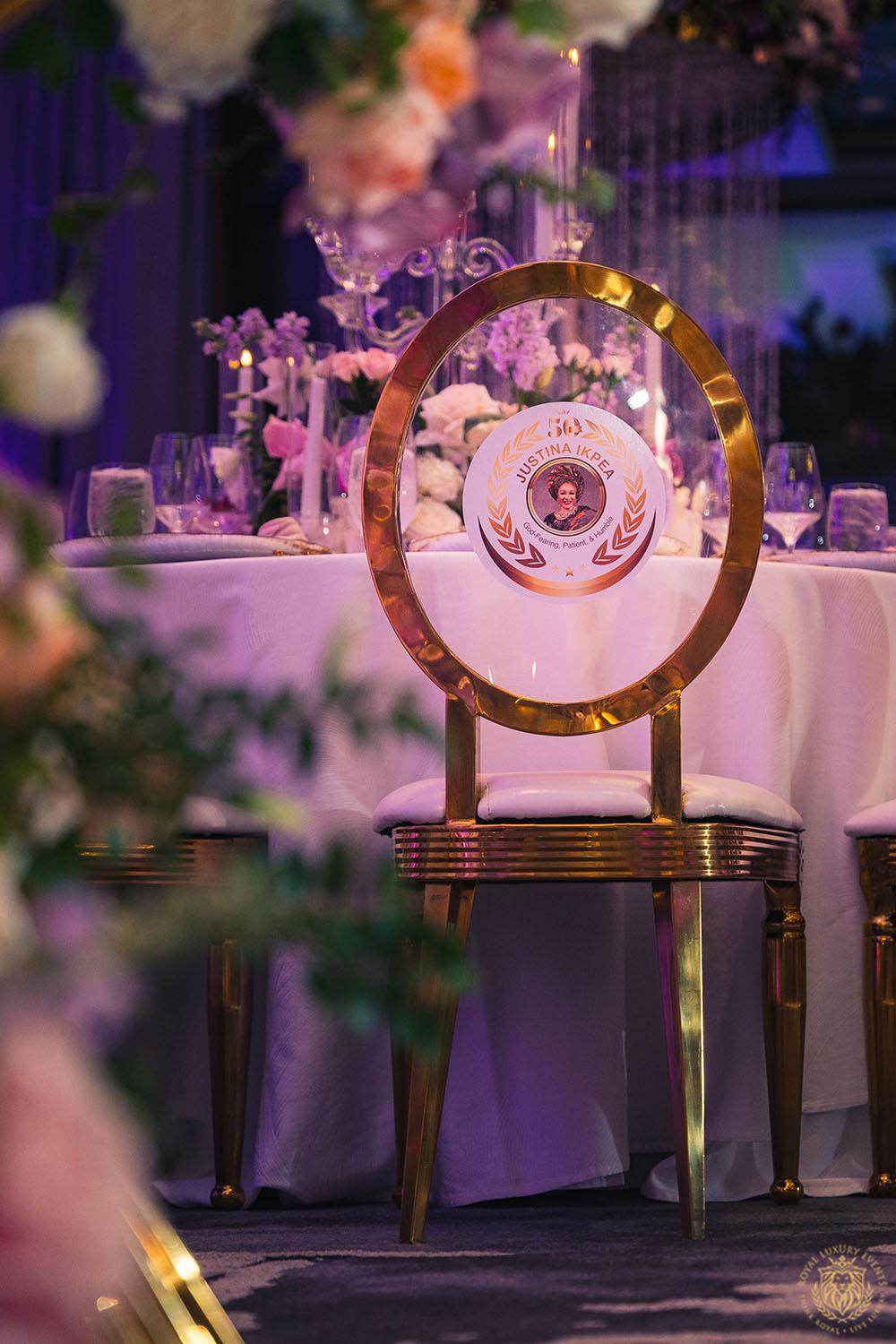 gold chair rentals - custom vinyl decal - upscale birthday decorations