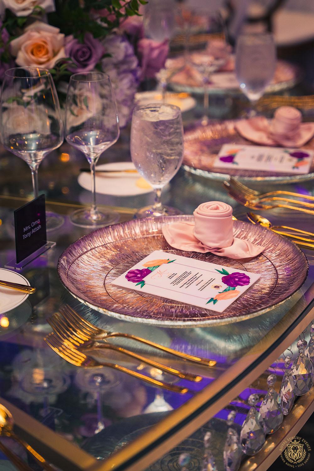glass charger rentals - gold flatware - tableware rentals