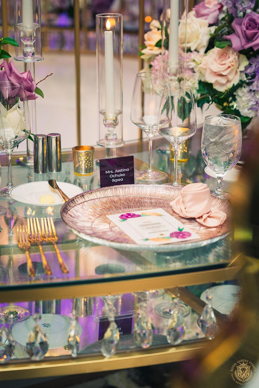 glass charger rentals - gold flatware - tableware rentals - houston florist