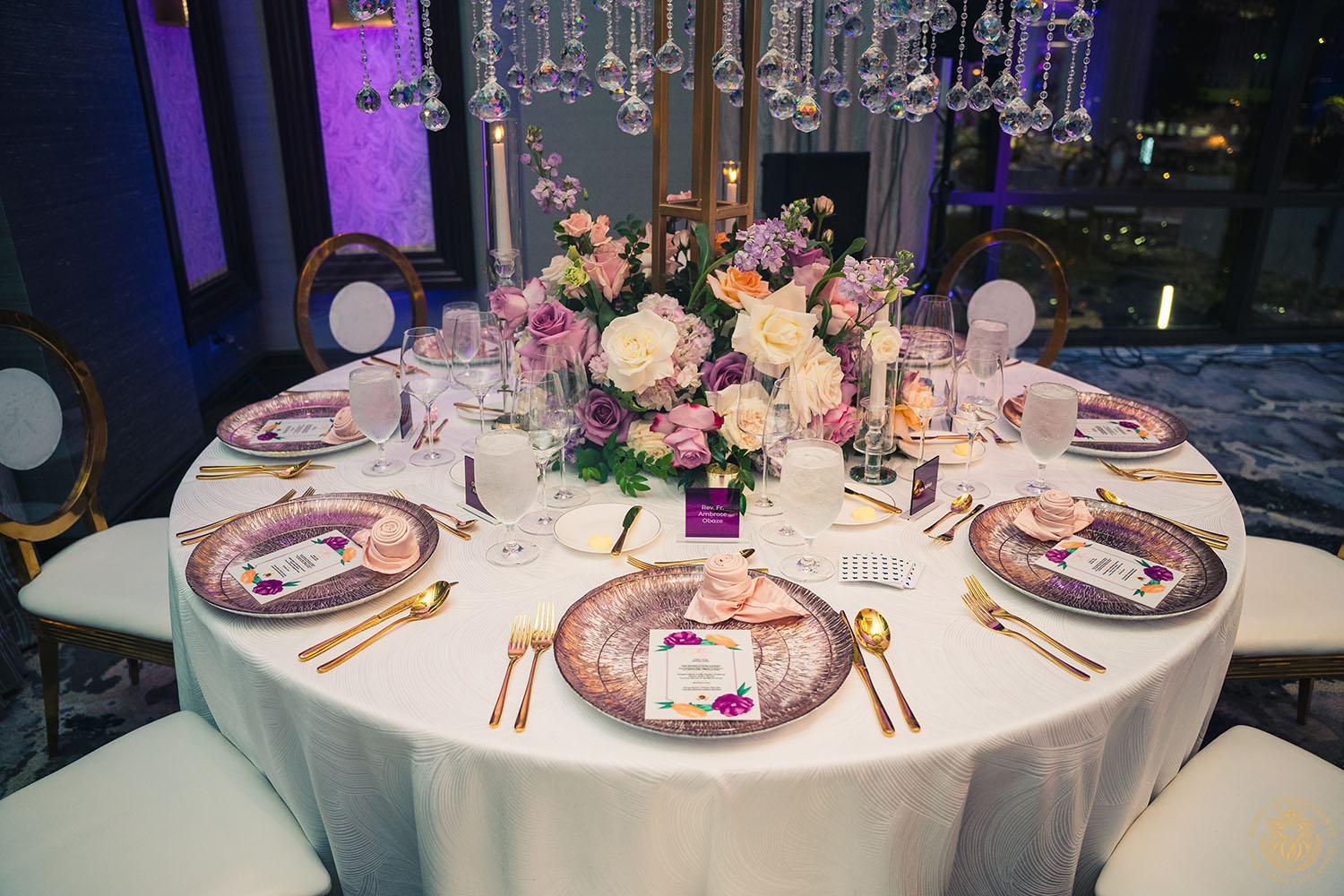 glass charger rentals - gold flatware - tableware rentals - houston florist - tall centerpieces