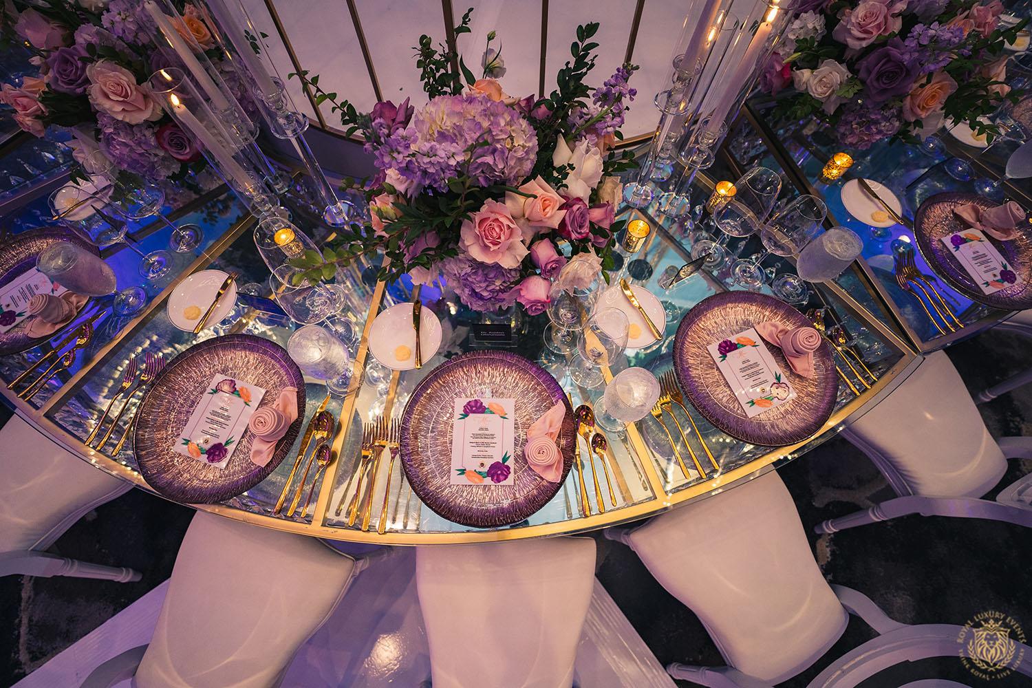 glass charger rentals - gold flatware - tableware rentals - houston florist