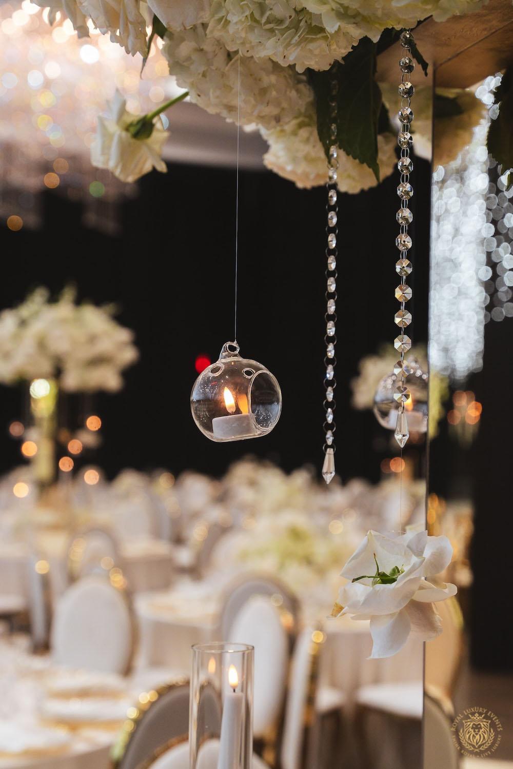 wedding reception decor, hanging round candle votive