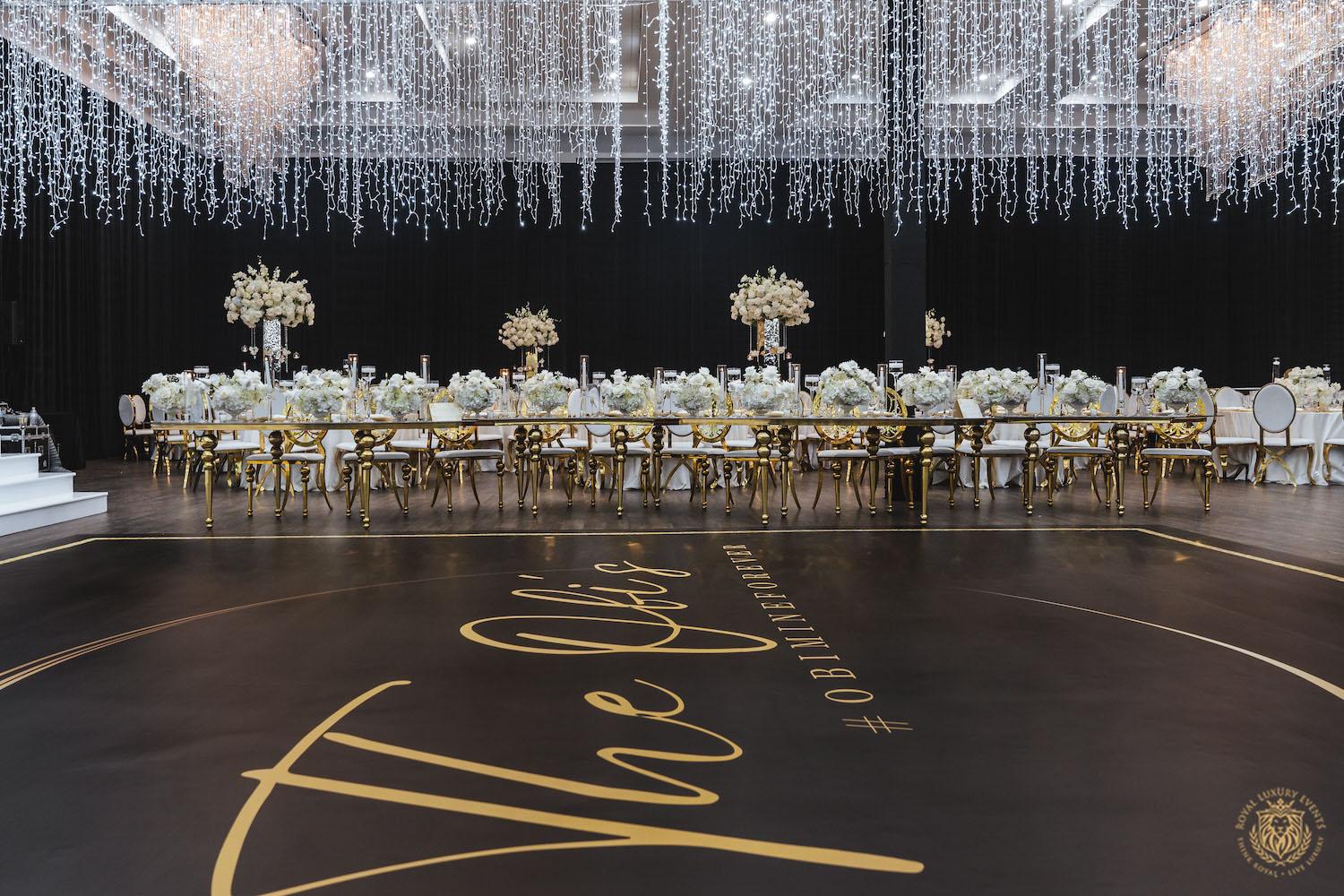 custom dance floor, hanging ceiling light decor, magical wedding reception