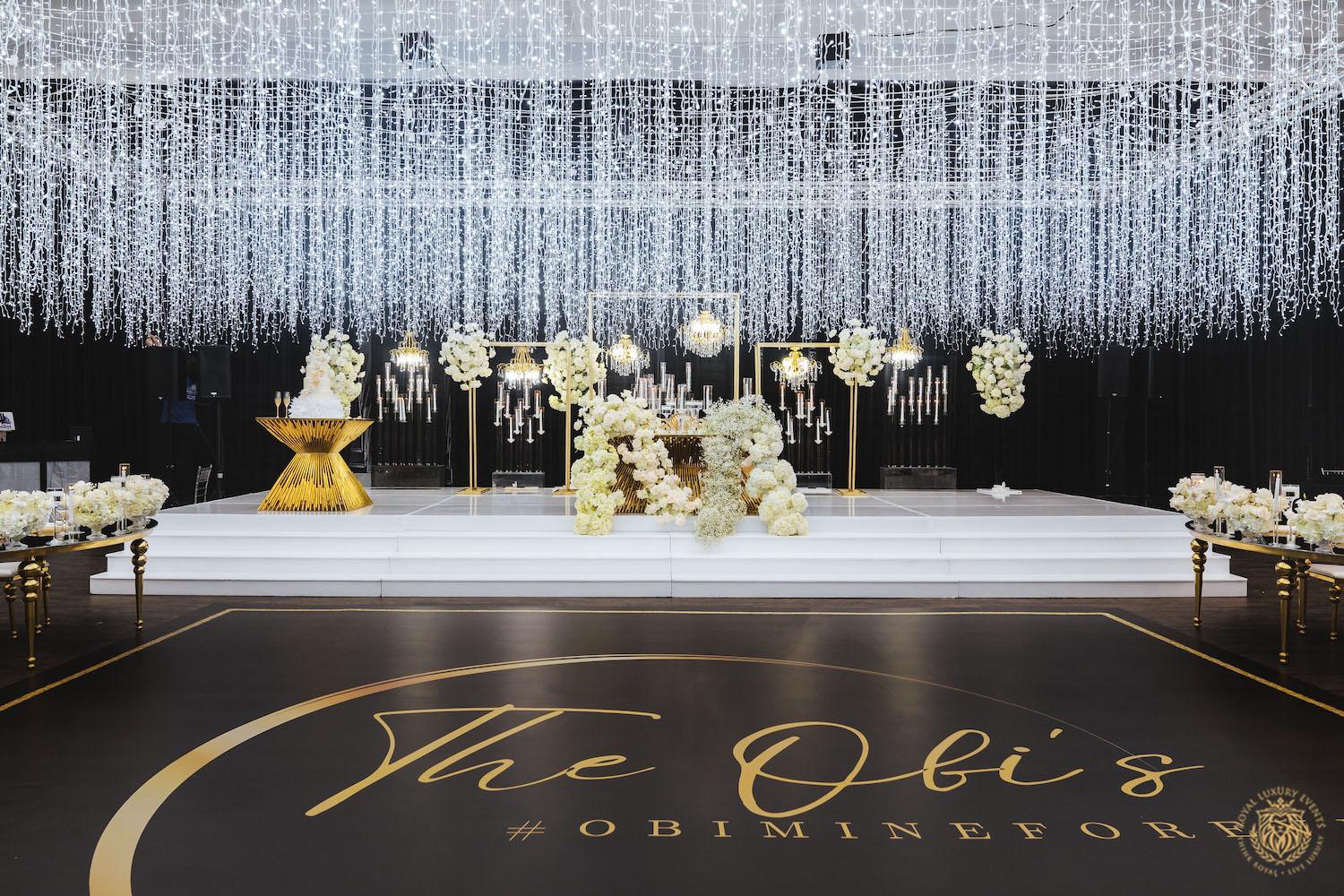 luxury wedding stage, sweetheart table decor, floral runner, white wedding flowers, florist, floral design, wedding cake table