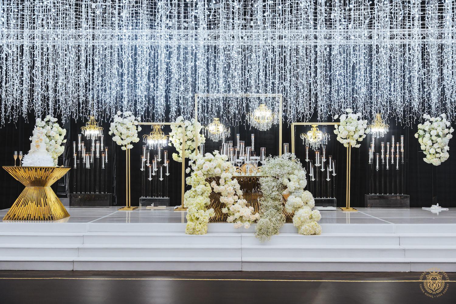 luxury wedding stage, sweetheart table decor, floral runner, white wedding flowers, florist, floral design, wedding cake table