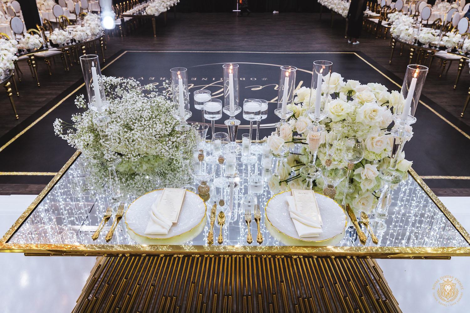 mirrored gold table rental, sweetheart table decor, white florals, wedding candles