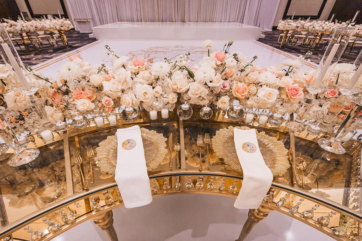 sweetheart table, sweetheart table decor, sweetheart table flowers, floral runner, gold chargers, wedding place setting, gold wedding table, wedding ideas, luxury wedding