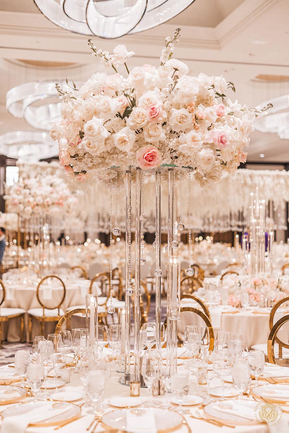 tall floral centerpiece, glamorous wedding decor, luxury wedding, white wedding flowers, blush accents