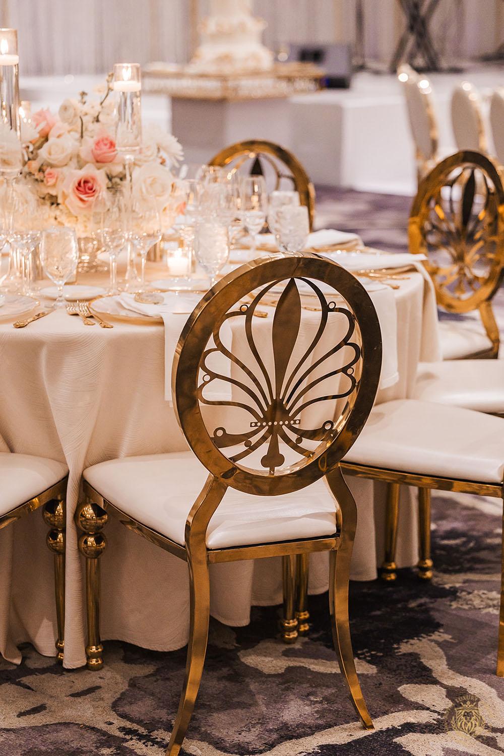 Palm Jumeirah Gold Chair with White Cushion, wedding chairs, luxury rentals, wedding seating, wedding reception