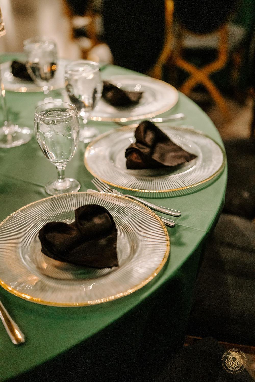 quinceañera, houston events, event design, event decor, candelabras, luxury events, event designer, emerald, black, gold, greenery, florist, floral design, table setting, charger rentals