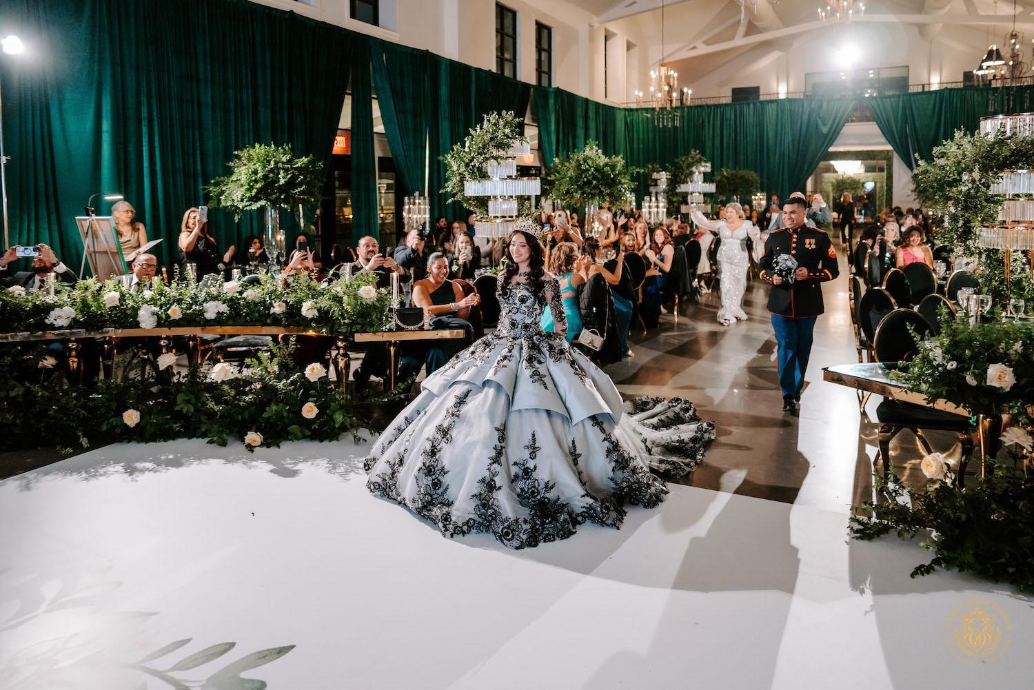 quinceañera, houston events, event design, event decor, candelabras, luxury events, event designer, emerald, black, gold, greenery, florist, floral design, tall centerpieces, black and gold chairs, luxury chair rentals, emerald decor, draping backdrop