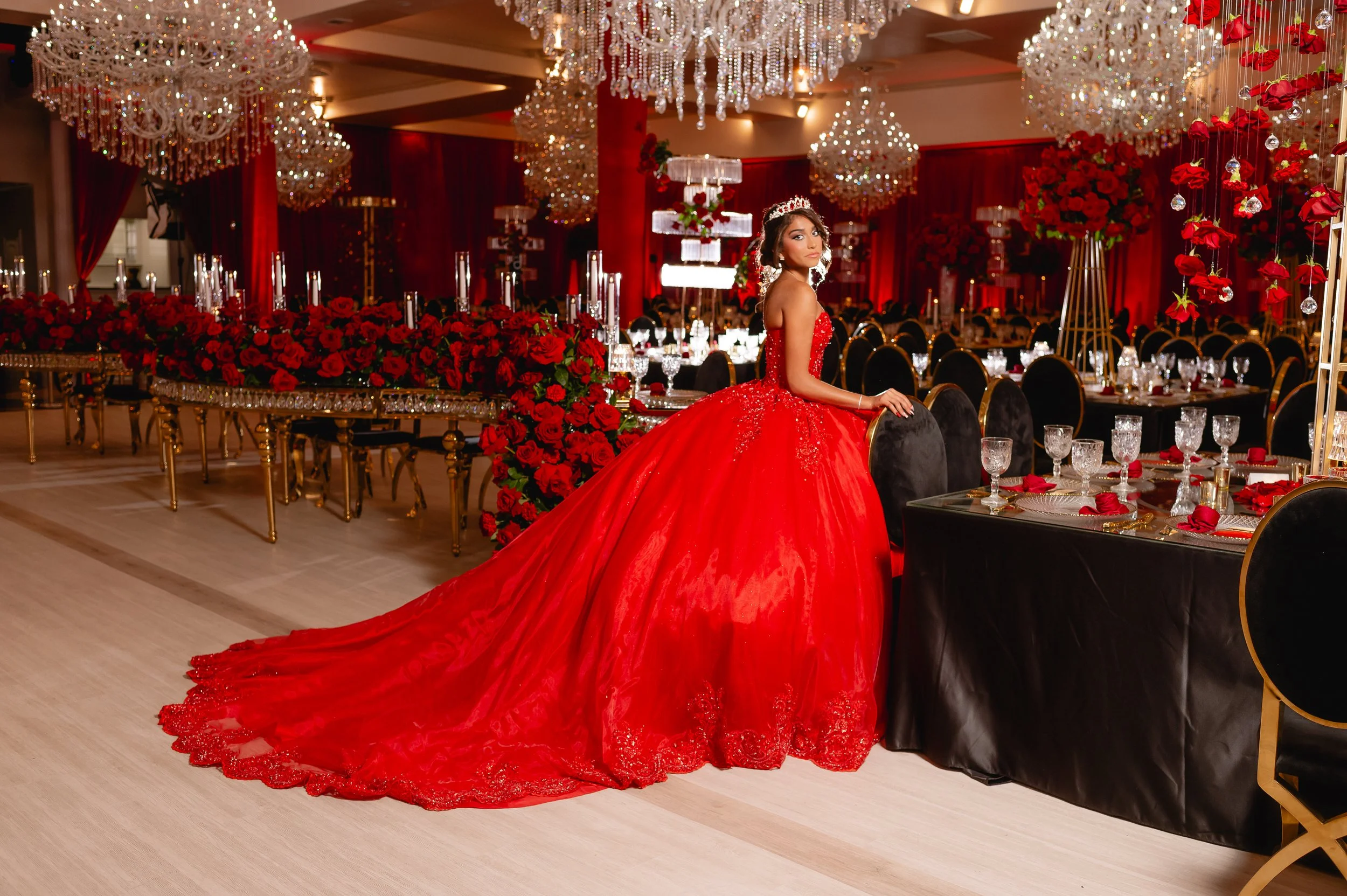 Victoria’s Quinceañera: Bold Red, Black & Gold Elegance