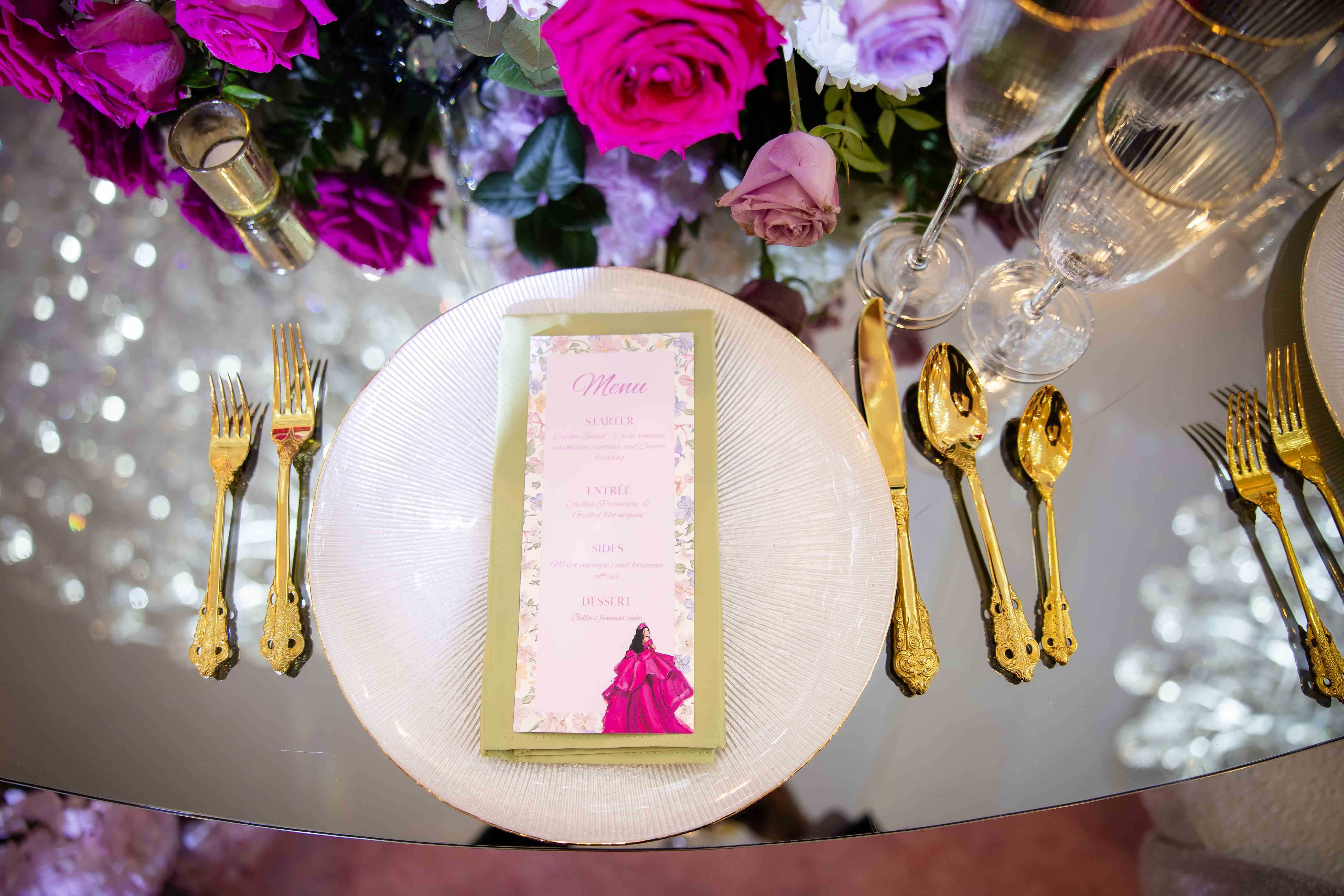 Luxury blush pink and gold quinceañera ballroom décor