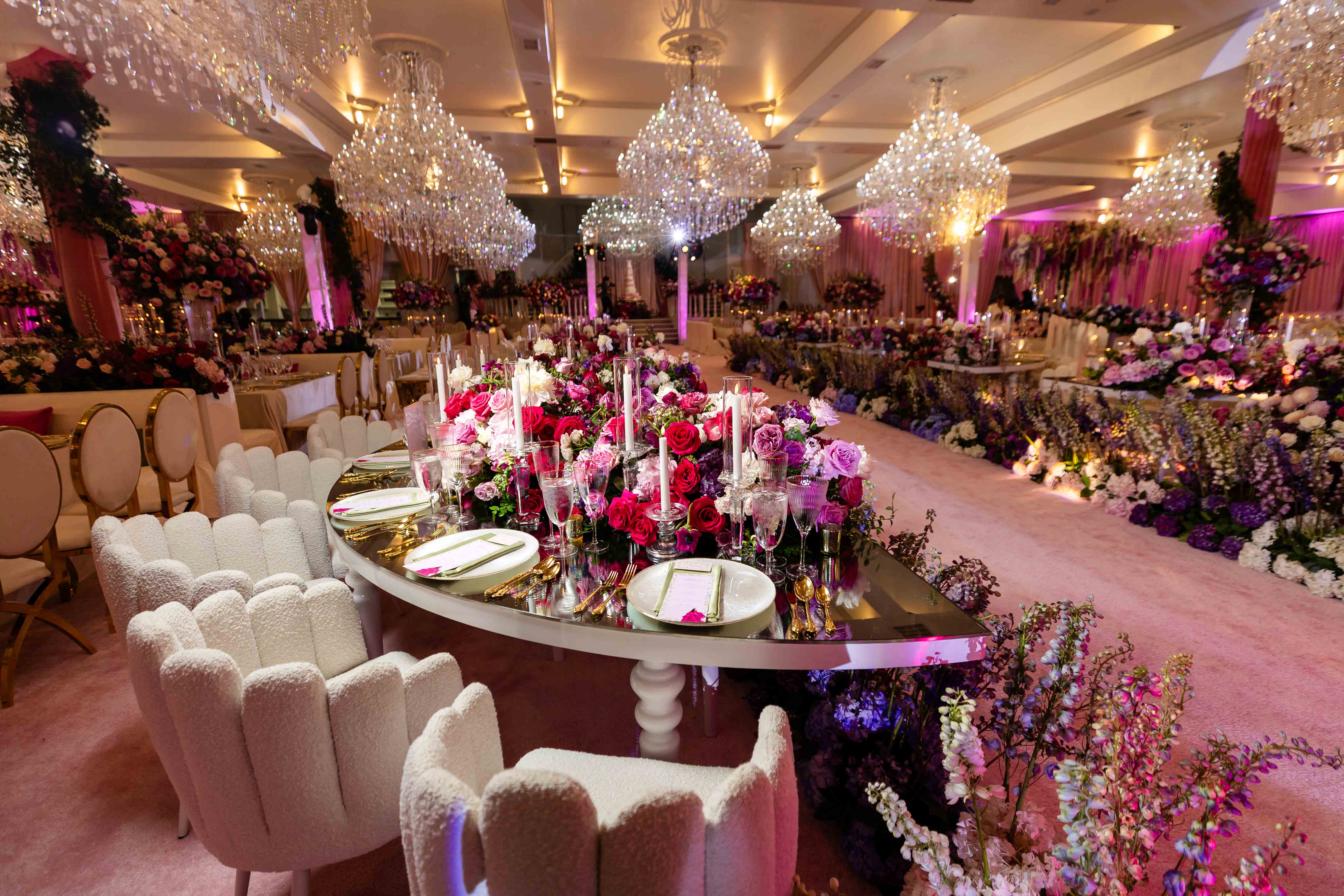 Luxury blush pink and gold quinceañera ballroom décor
