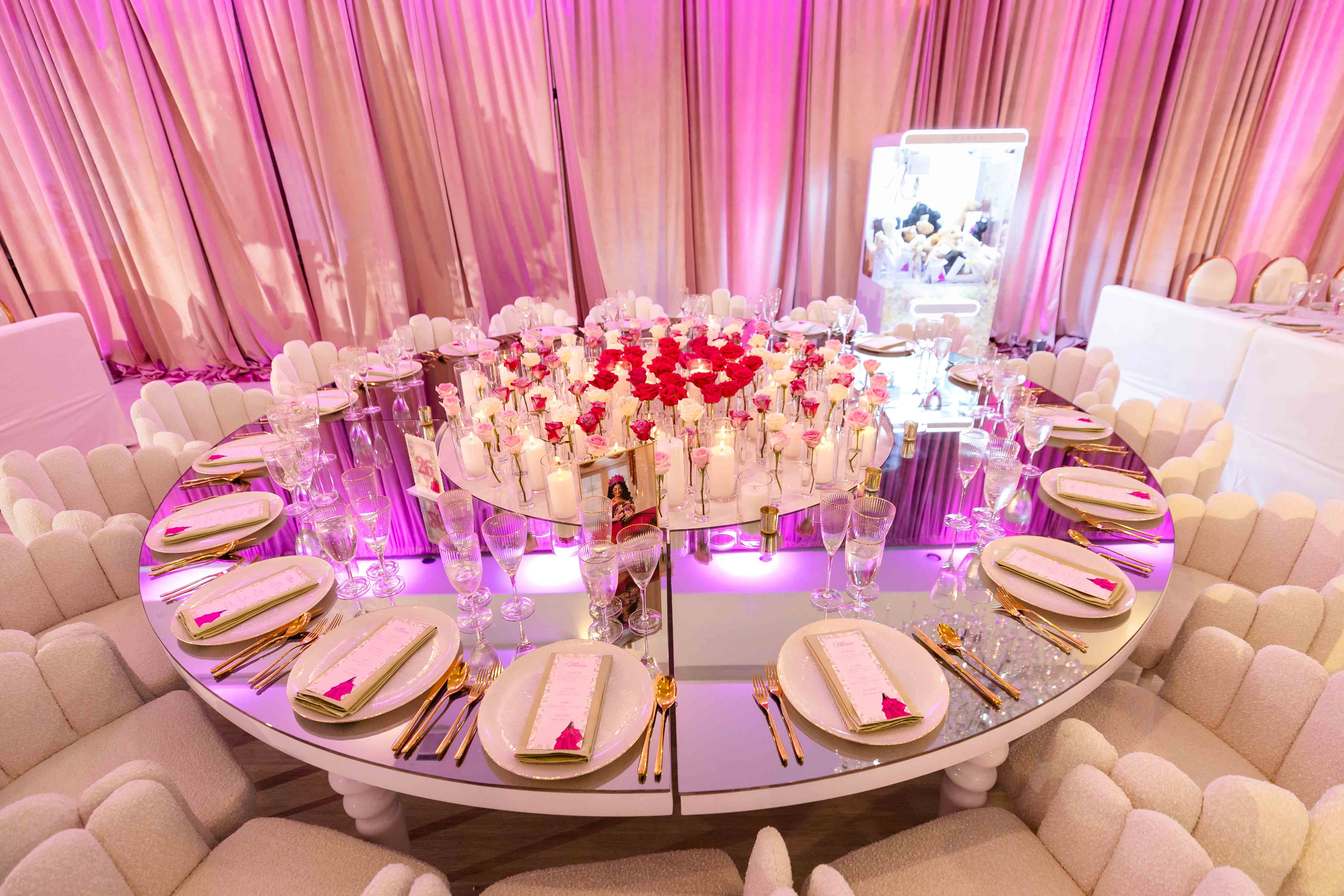 Luxury blush pink and gold quinceañera ballroom décor